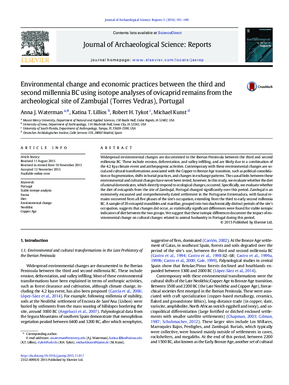 عکس صفحه اول مقاله: Environmental change and economic practices between the third and second millennia BC using isotope analyses of ovicaprid remains from the archeological site of Zambujal (Torres Vedras), Portugal Environmental change and economic practices between the third and second millennia BC using isotope analyses of ovicaprid remains from the archeological site of Zambujal (Torres Vedras), Portugal