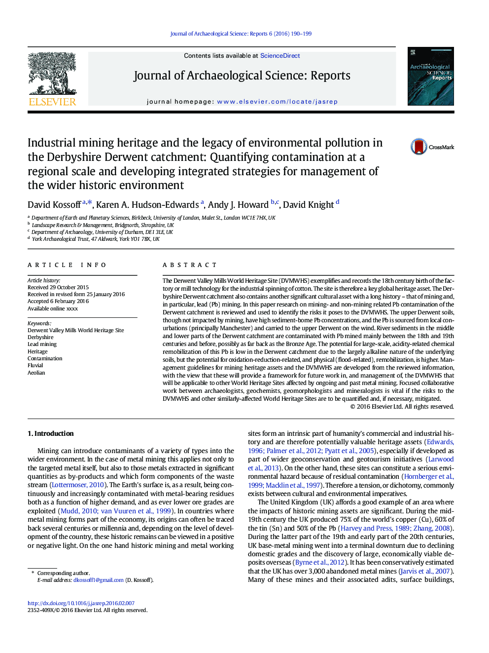 Industrial mining heritage and the legacy of environmental pollution in the Derbyshire Derwent catchment: Quantifying contamination at a regional scale and developing integrated strategies for management of the wider historic environment