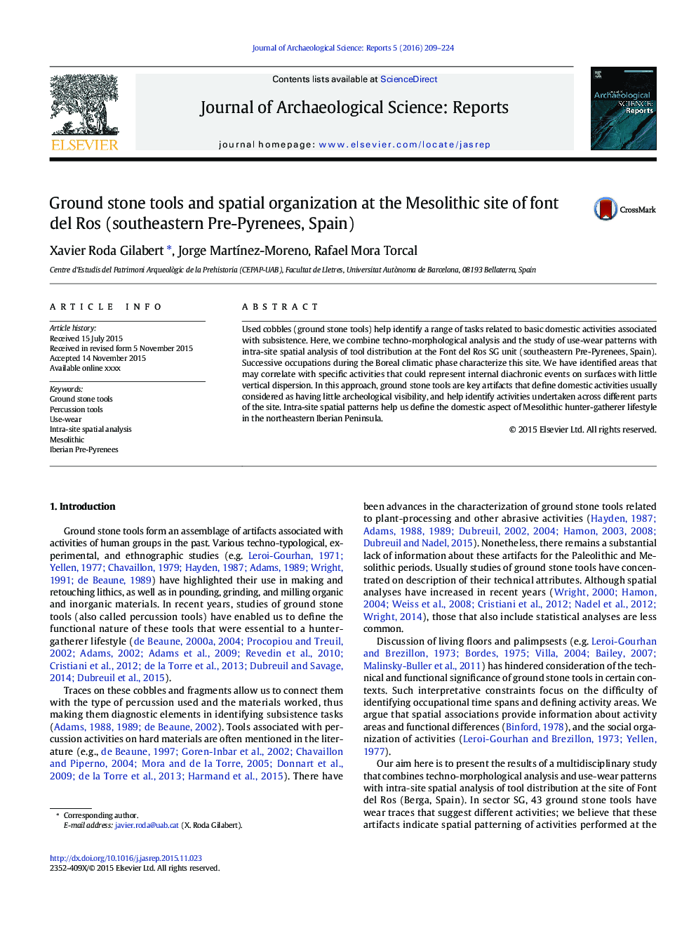 Ground stone tools and spatial organization at the Mesolithic site of font del Ros (southeastern Pre-Pyrenees, Spain)