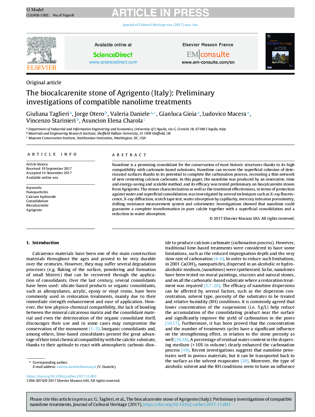 The biocalcarenite stone of Agrigento (Italy): Preliminary investigations of compatible nanolime treatments