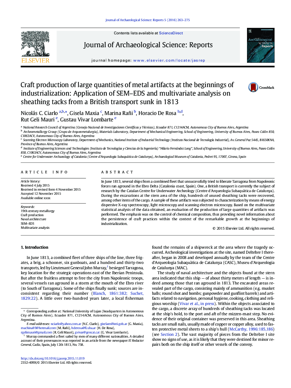 Craft production of large quantities of metal artifacts at the beginnings of industrialization: Application of SEM-EDS and multivariate analysis on sheathing tacks from a British transport sunk in 1813