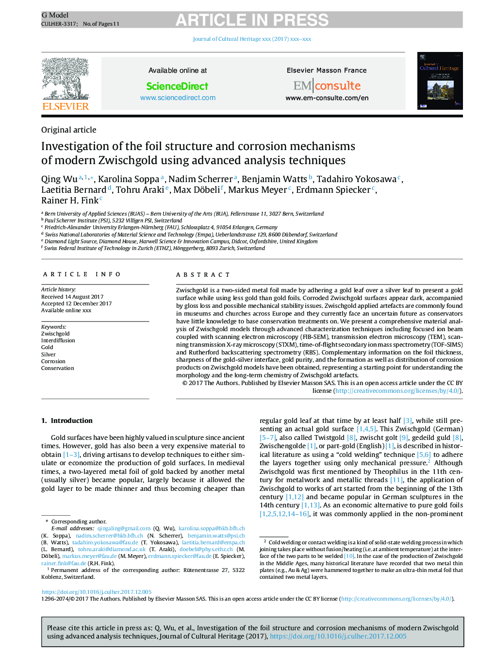 عکس صفحه اول مقاله: Investigation of the foil structure and corrosion mechanisms of modern Zwischgold using advanced analysis techniques Investigation of the foil structure and corrosion mechanisms of modern Zwischgold using advanced analysis techniques