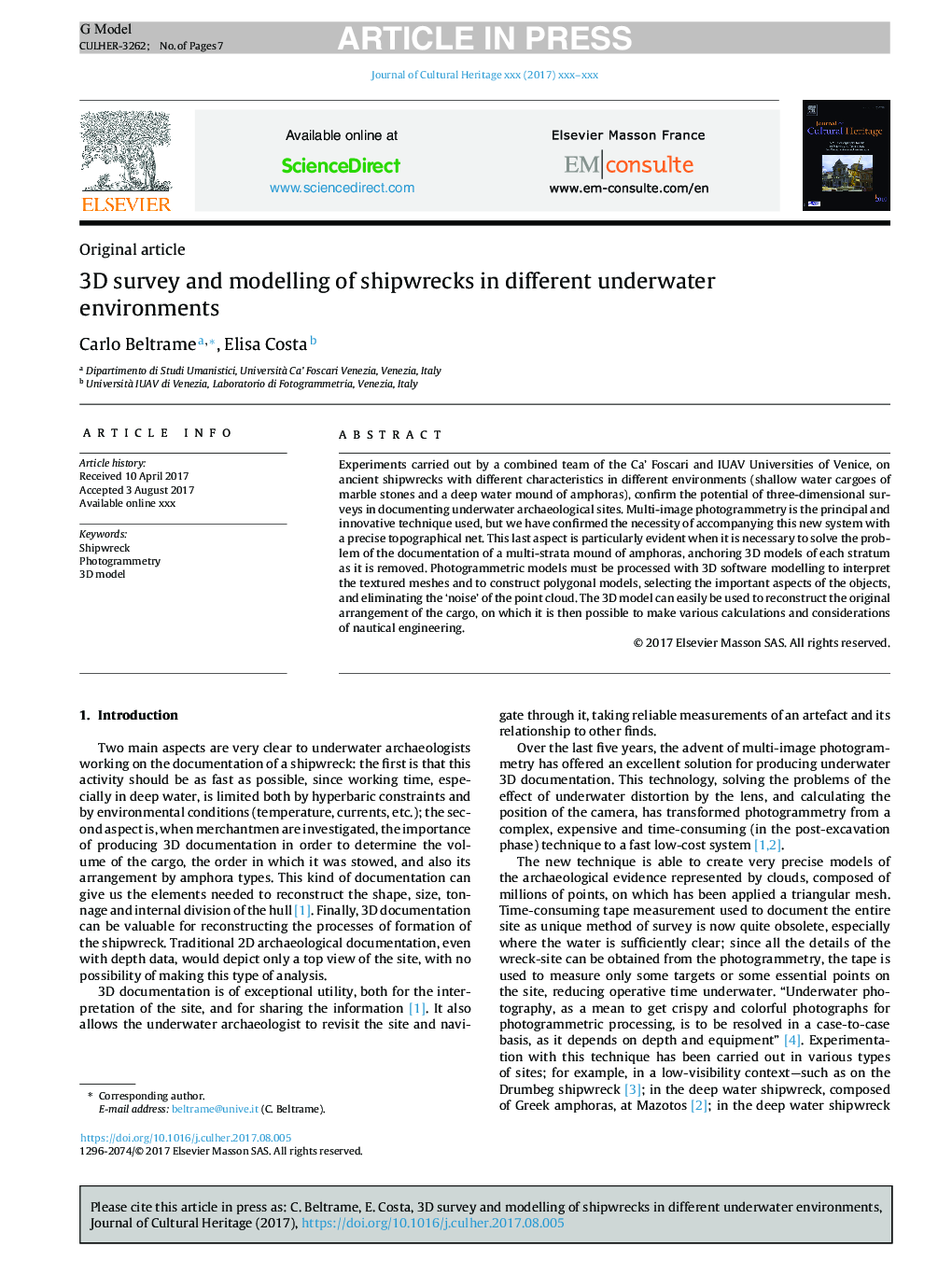 3D survey and modelling of shipwrecks in different underwater environments