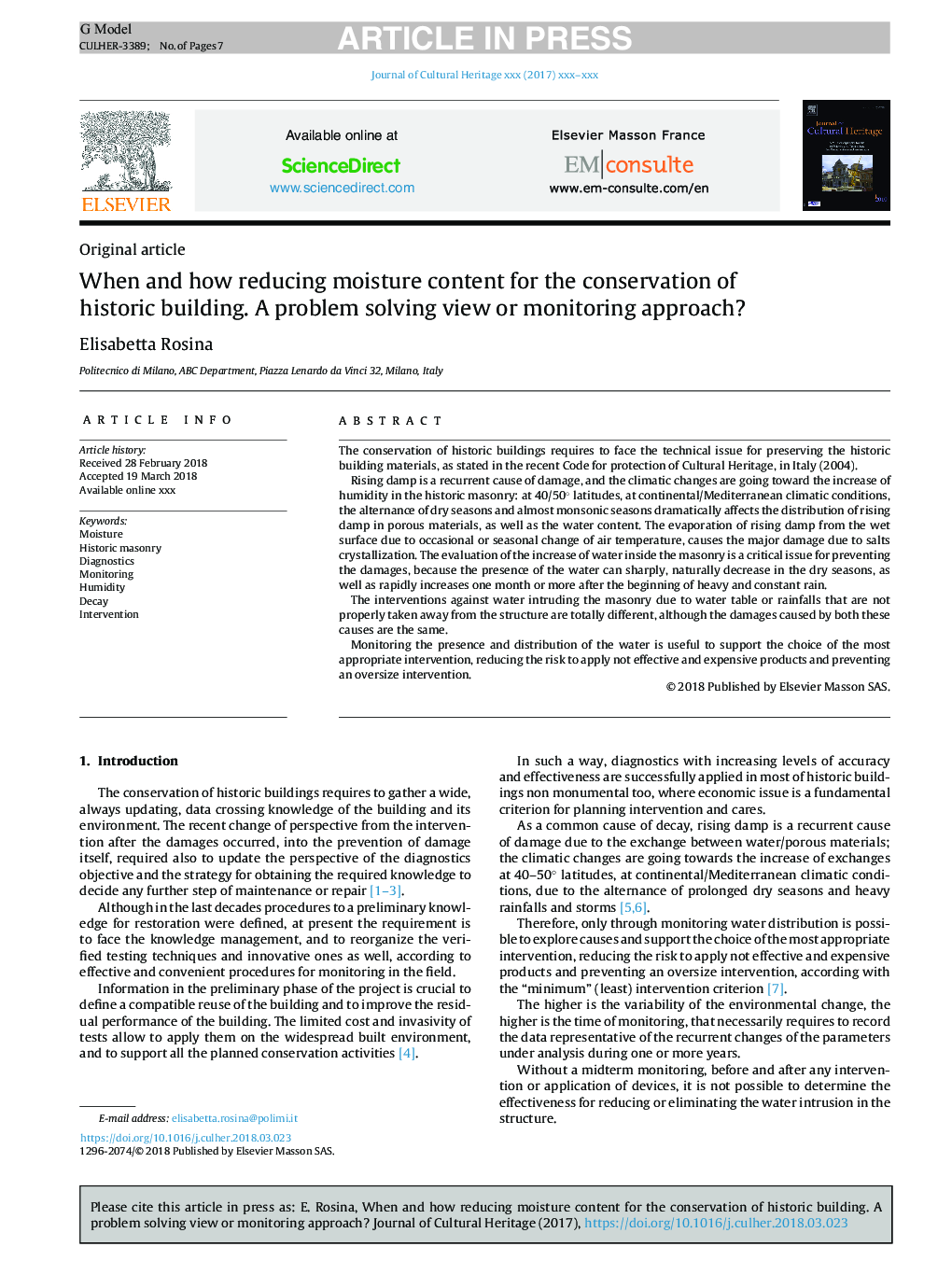 When and how reducing moisture content for the conservation of historic building. A problem solving view or monitoring approach?