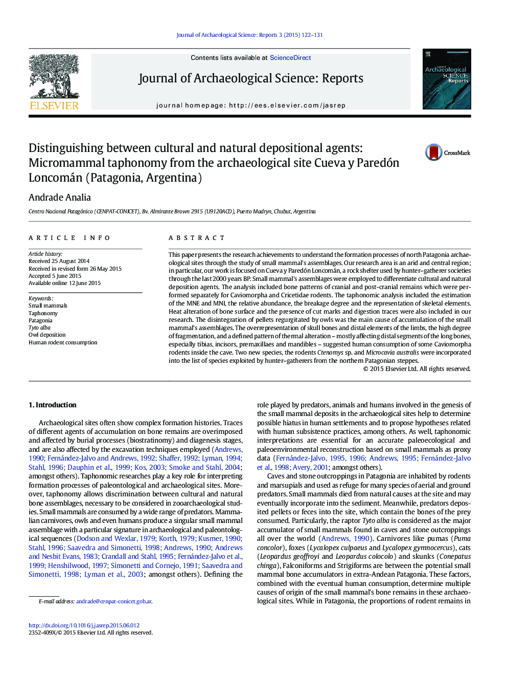 Distinguishing between cultural and natural depositional agents: Micromammal taphonomy from the archaeological site Cueva y Paredón Loncomán (Patagonia, Argentina)