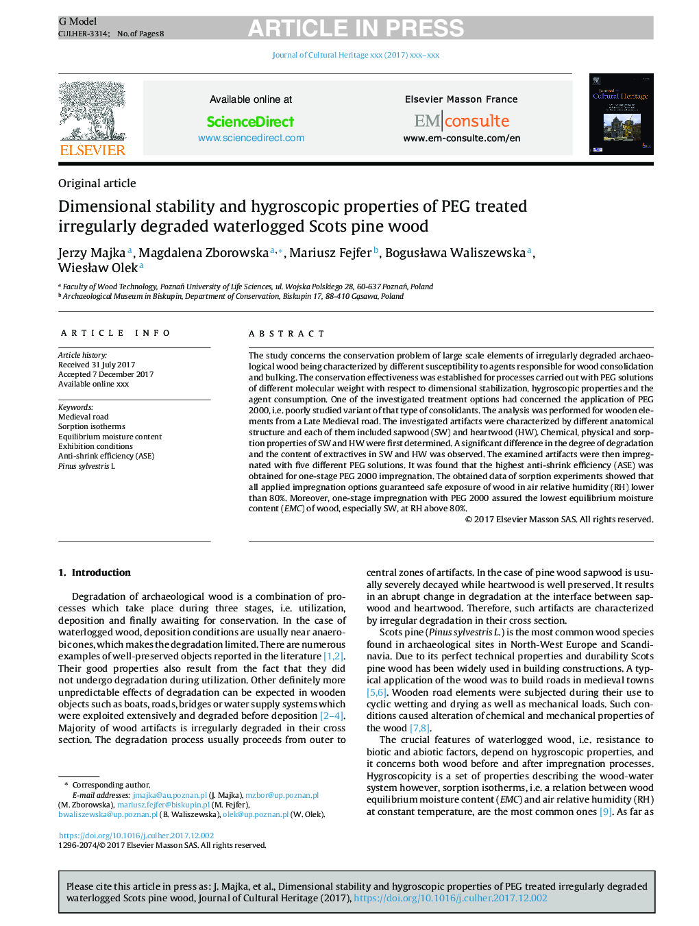 Dimensional stability and hygroscopic properties of PEG treated irregularly degraded waterlogged Scots pine wood