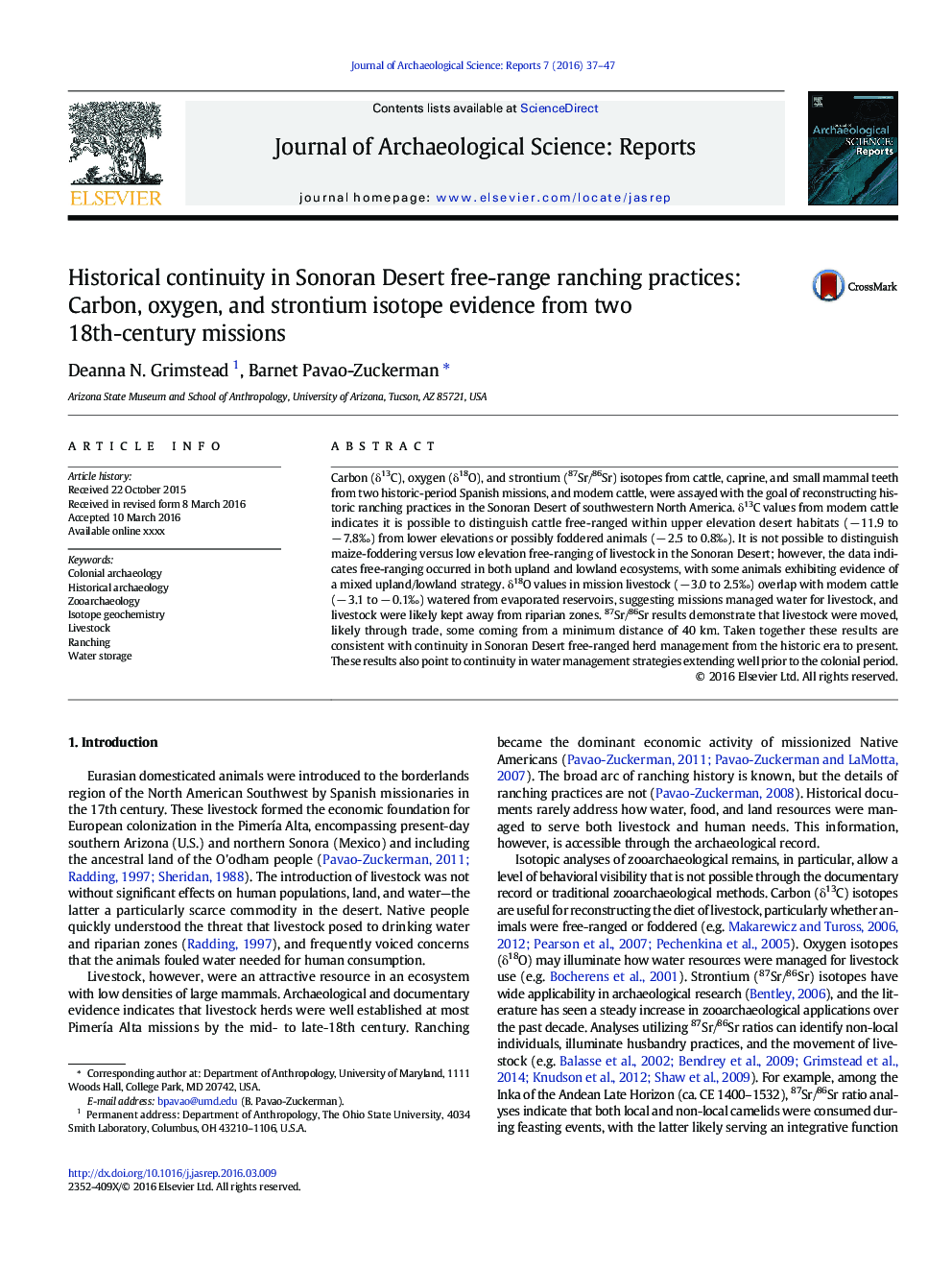 Historical continuity in Sonoran Desert free-range ranching practices: Carbon, oxygen, and strontium isotope evidence from two 18th-century missions