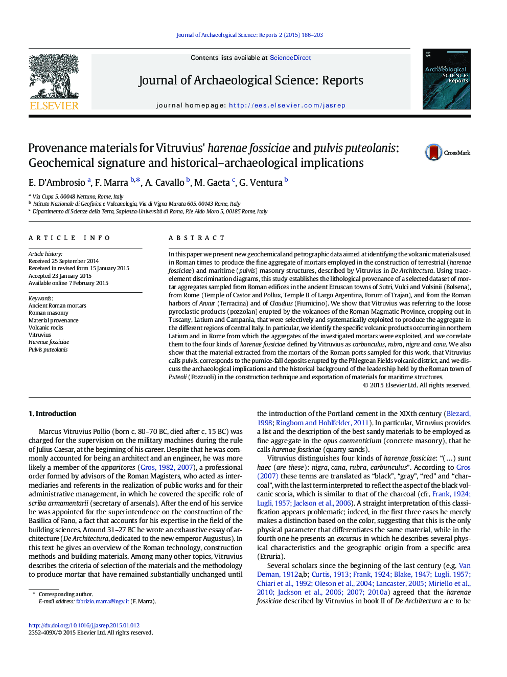 Provenance materials for Vitruvius' harenae fossiciae and pulvis puteolanis: Geochemical signature and historical-archaeological implications