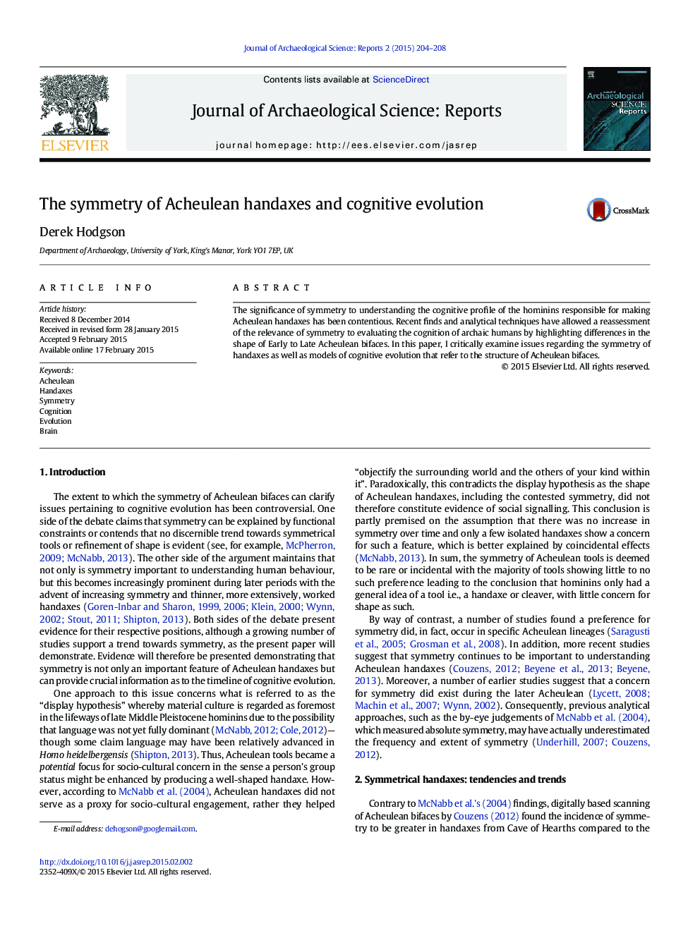 The symmetry of Acheulean handaxes and cognitive evolution