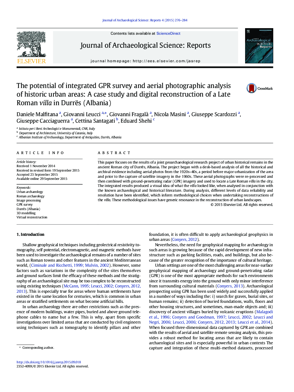 The potential of integrated GPR survey and aerial photographic analysis of historic urban areas: A case study and digital reconstruction of a Late Roman villa in Durrës (Albania)