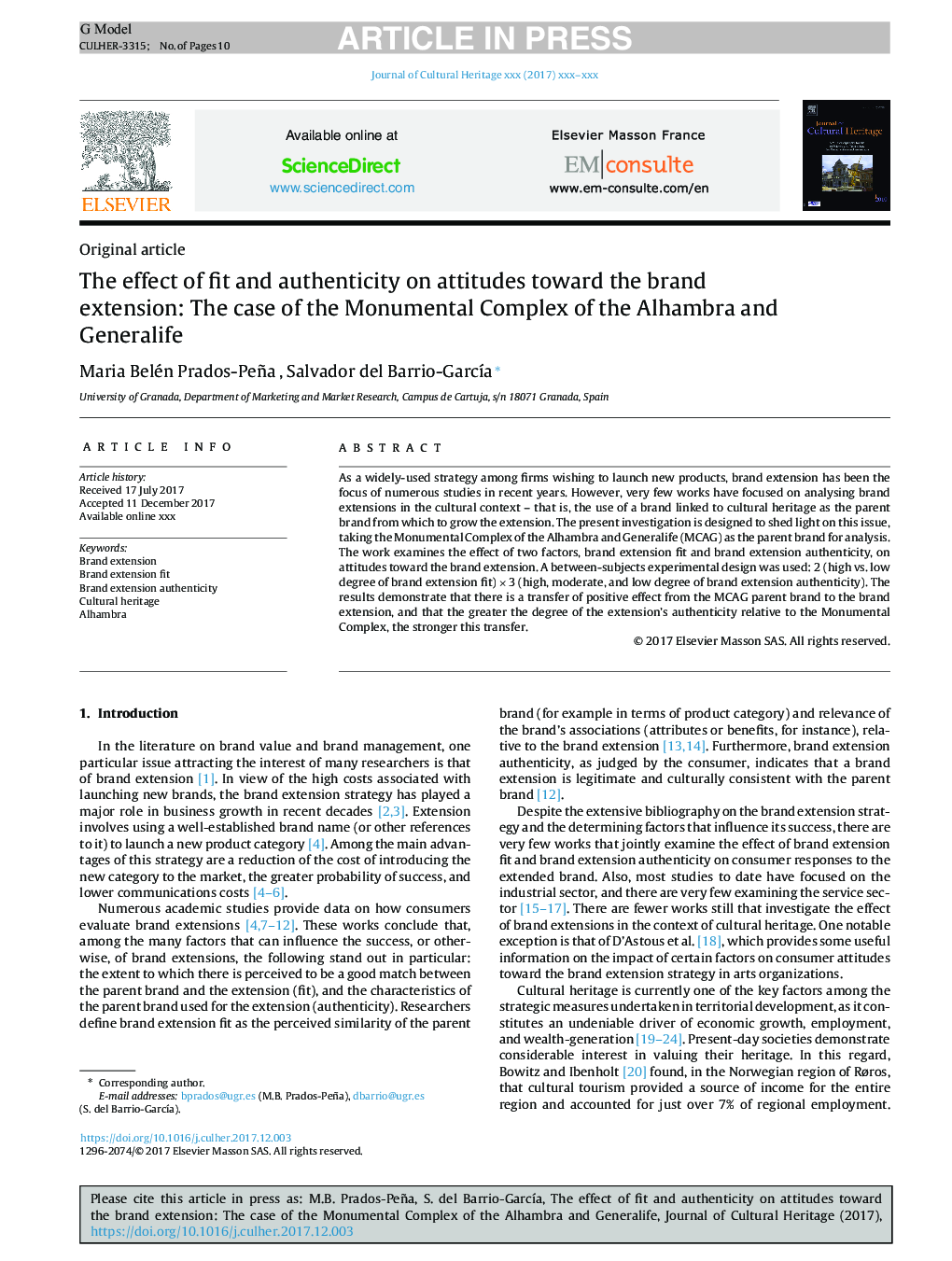 The effect of fit and authenticity on attitudes toward the brand extension: The case of the Monumental Complex of the Alhambra and Generalife