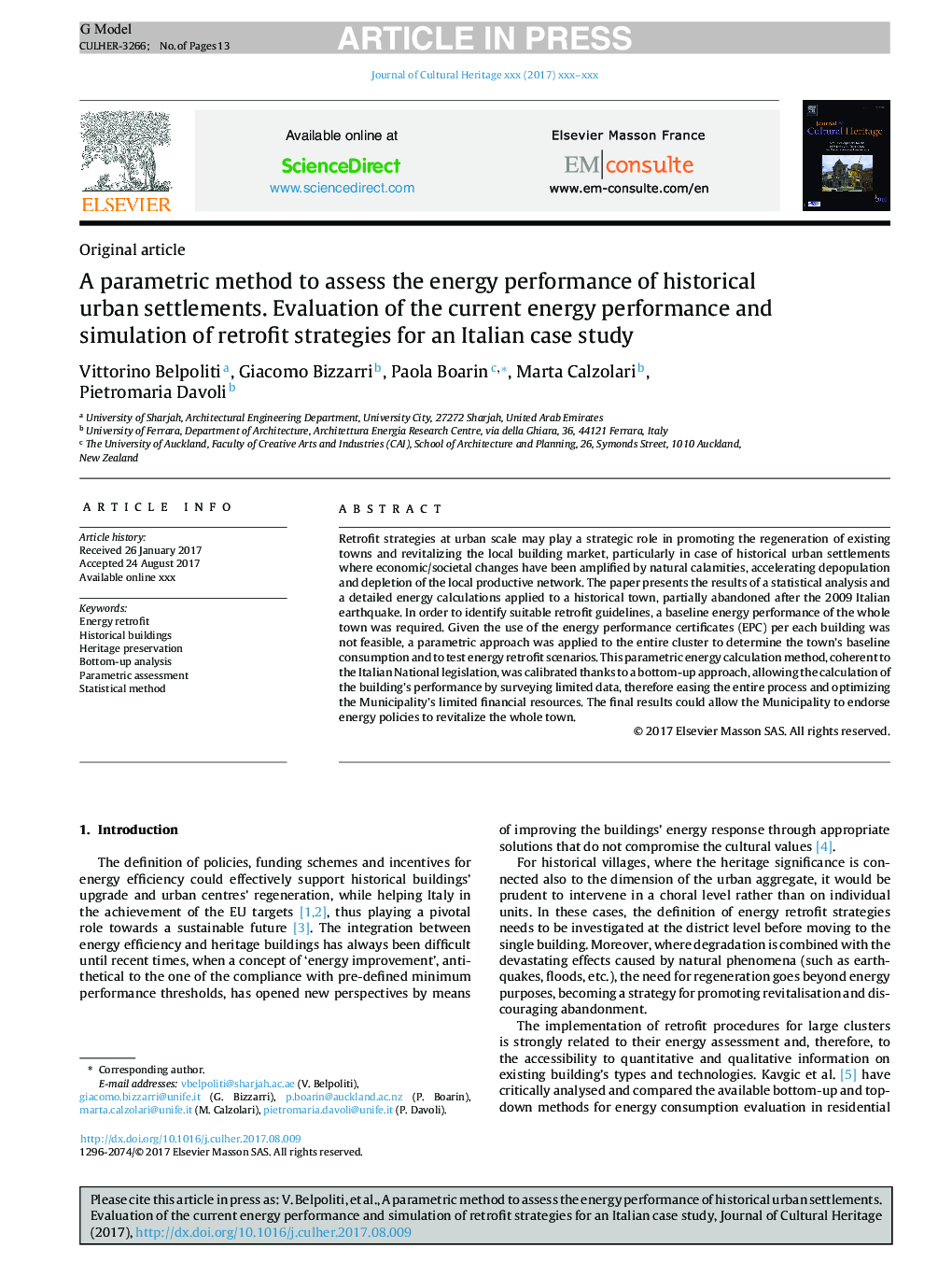 A parametric method to assess the energy performance of historical urban settlements. Evaluation of the current energy performance and simulation of retrofit strategies for an Italian case study