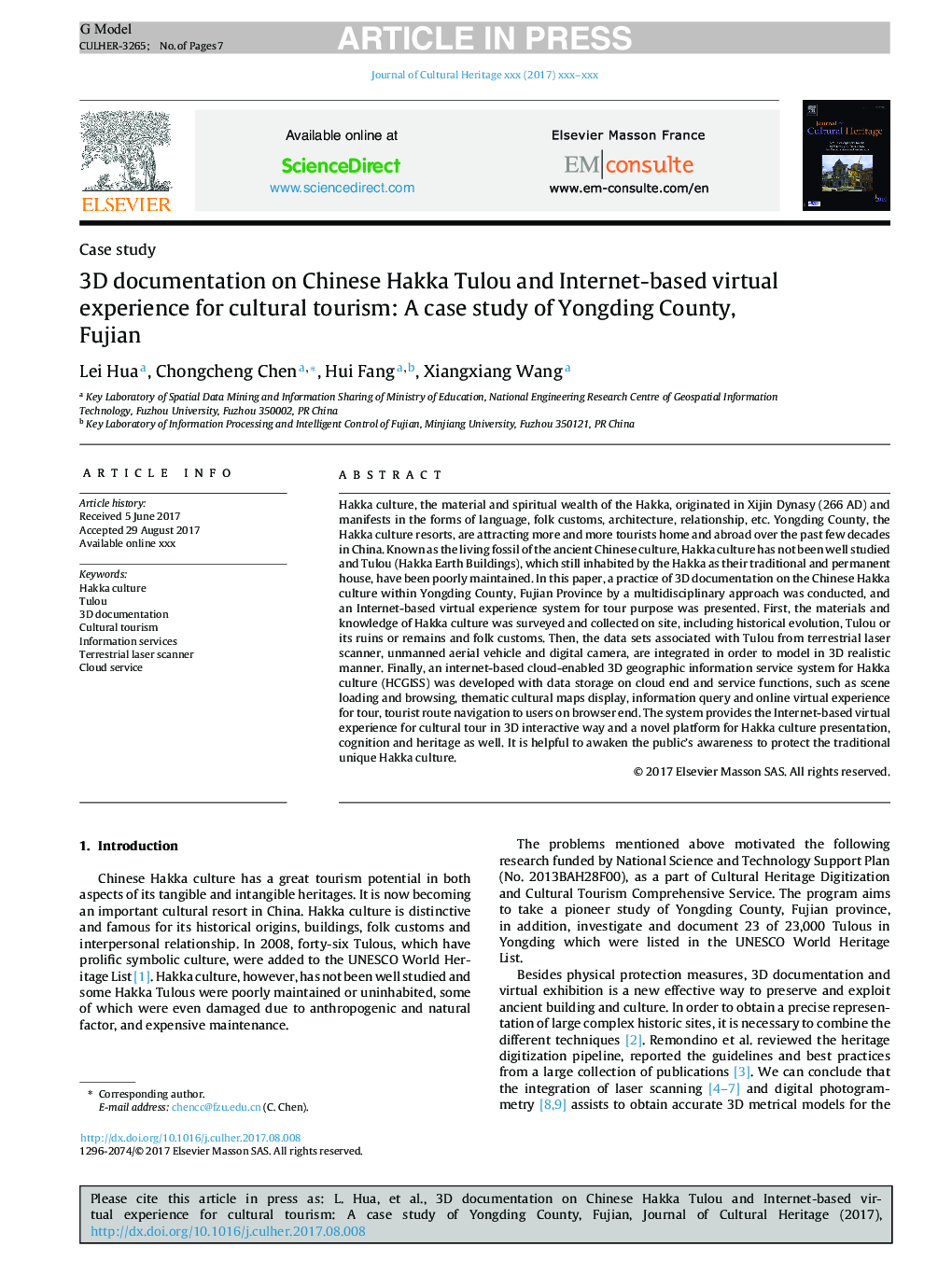 3D documentation on Chinese Hakka Tulou and Internet-based virtual experience for cultural tourism: A case study of Yongding County, Fujian