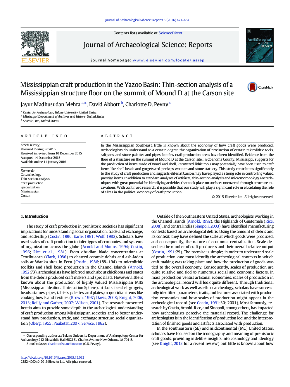 Mississippian craft production in the Yazoo Basin: Thin-section analysis of a Mississippian structure floor on the summit of Mound D at the Carson site