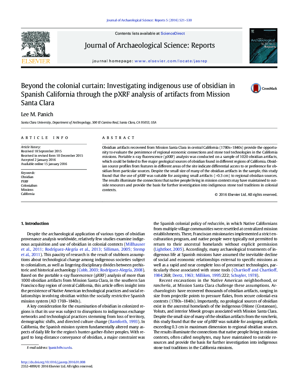 Beyond the colonial curtain: Investigating indigenous use of obsidian in Spanish California through the pXRF analysis of artifacts from Mission Santa Clara