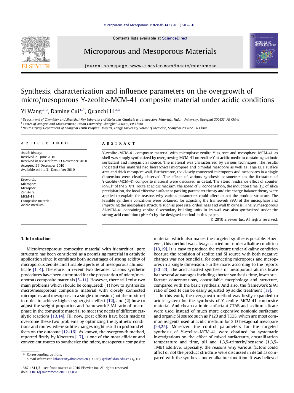 Synthesis, characterization and influence parameters on the overgrowth of micro/mesoporous Y-zeolite-MCM-41 composite material under acidic conditions