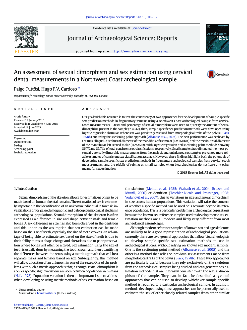 An assessment of sexual dimorphism and sex estimation using cervical dental measurements in a Northwest Coast archeological sample