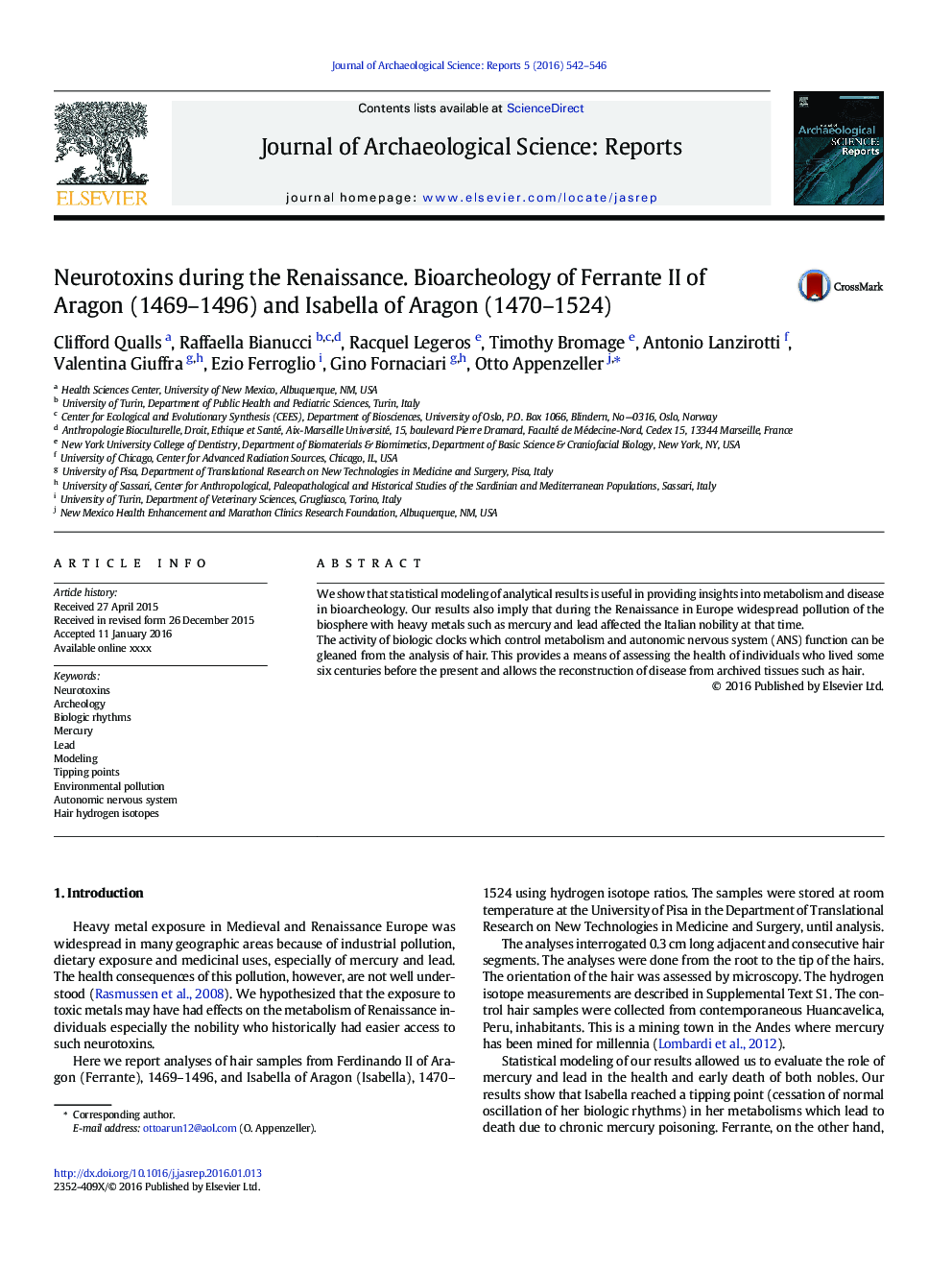عکس صفحه اول مقاله: Neurotoxins during the Renaissance. Bioarcheology of Ferrante II of Aragon (1469-1496) and Isabella of Aragon (1470-1524) Neurotoxins during the Renaissance. Bioarcheology of Ferrante II of Aragon (1469-1496) and Isabella of Aragon (1470-1524)