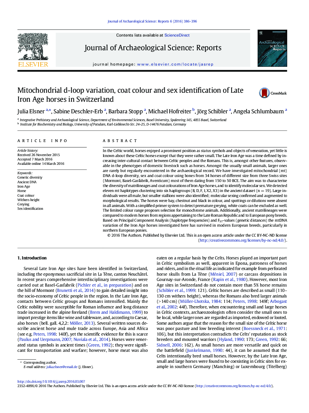 Mitochondrial d-loop variation, coat colour and sex identification of Late Iron Age horses in Switzerland