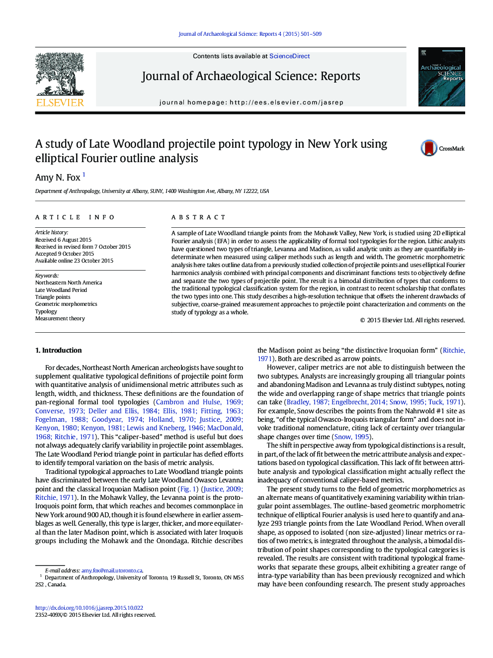 A study of Late Woodland projectile point typology in New York using elliptical Fourier outline analysis