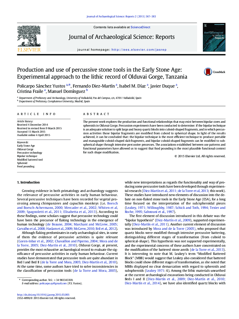 Production and use of percussive stone tools in the Early Stone Age: Experimental approach to the lithic record of Olduvai Gorge, Tanzania