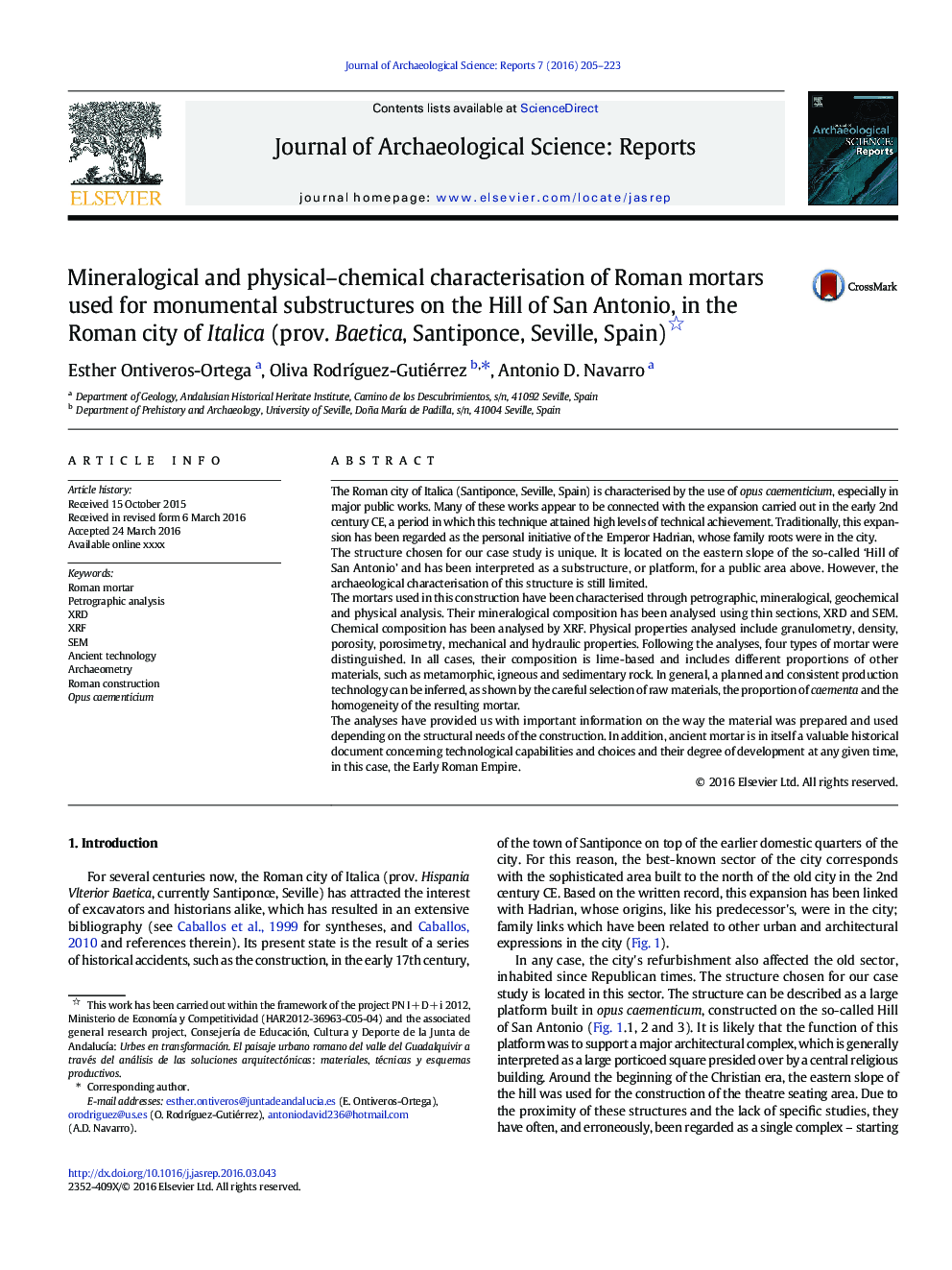 Mineralogical and physical-chemical characterisation of Roman mortars used for monumental substructures on the Hill of San Antonio, in the Roman city of Italica (prov. Baetica, Santiponce, Seville, Spain)