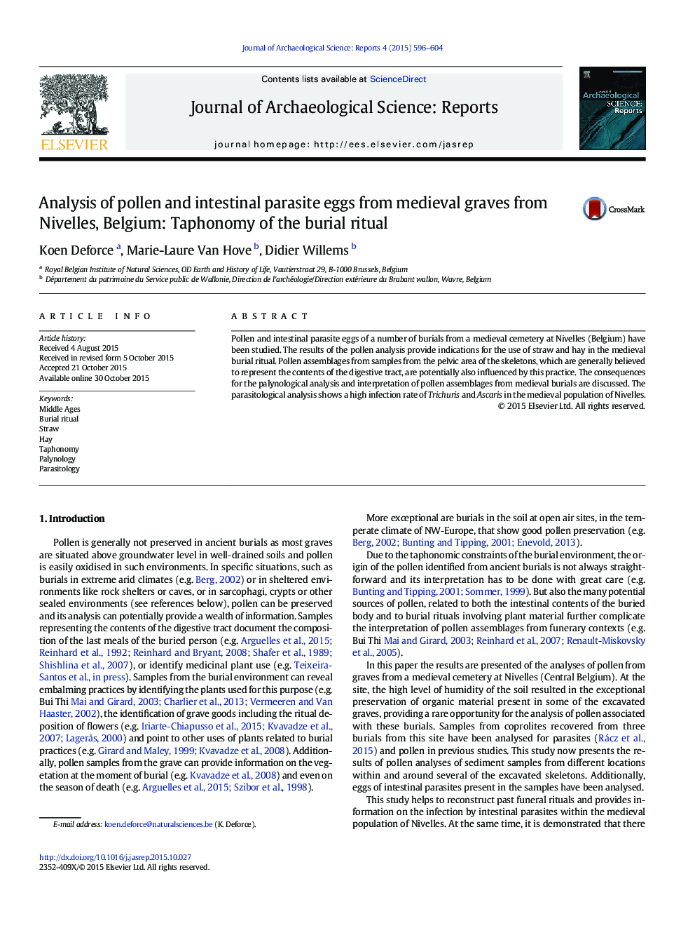 Analysis of pollen and intestinal parasite eggs from medieval graves from Nivelles, Belgium: Taphonomy of the burial ritual