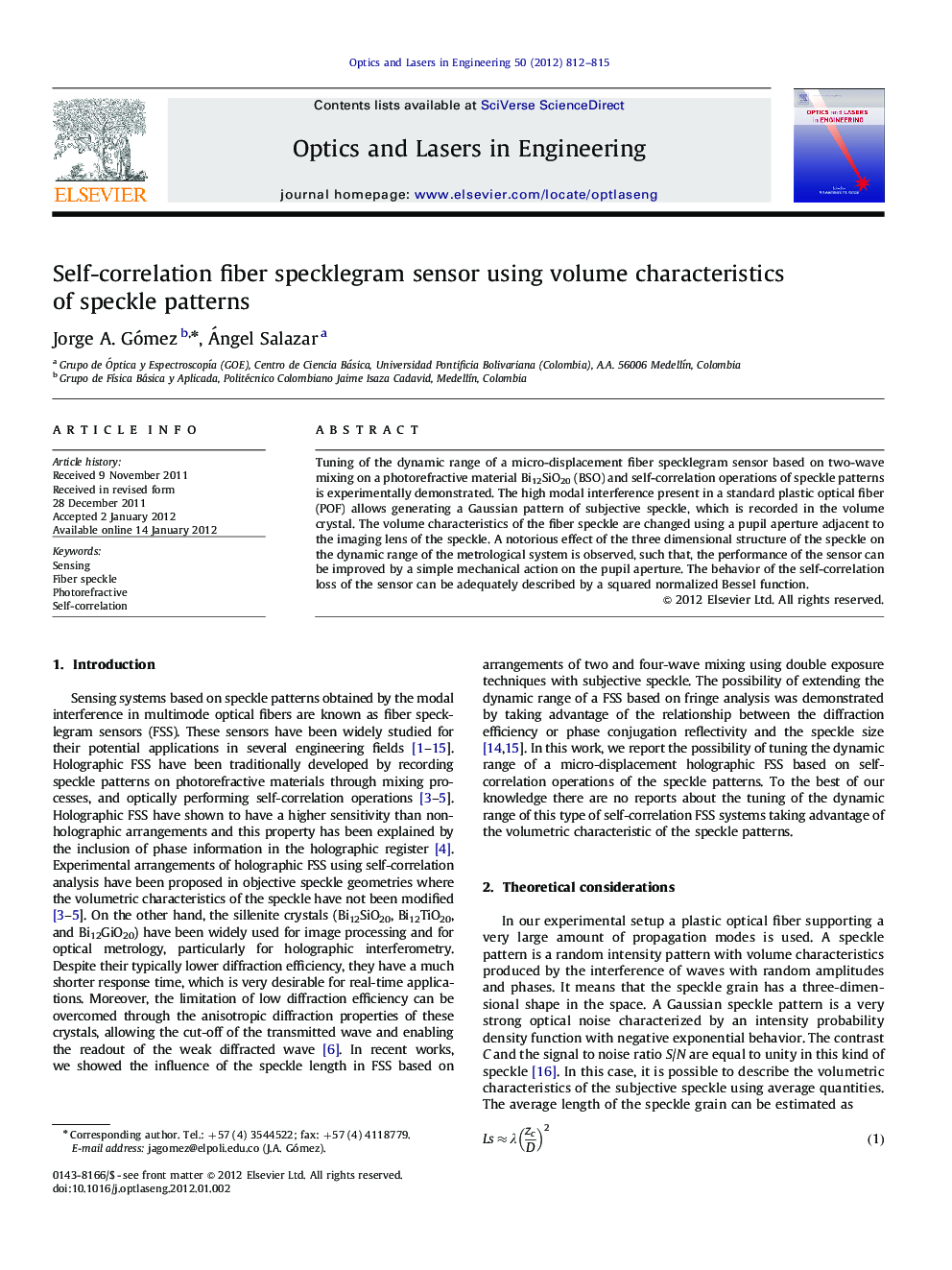 Self-correlation fiber specklegram sensor using volume characteristics of speckle patterns