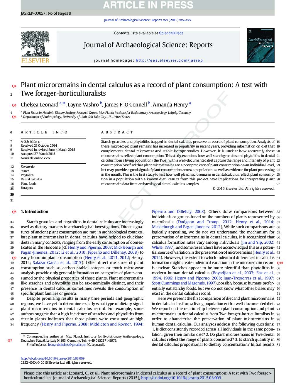 Plant microremains in dental calculus as a record of plant consumption: A test with Twe forager-horticulturalists