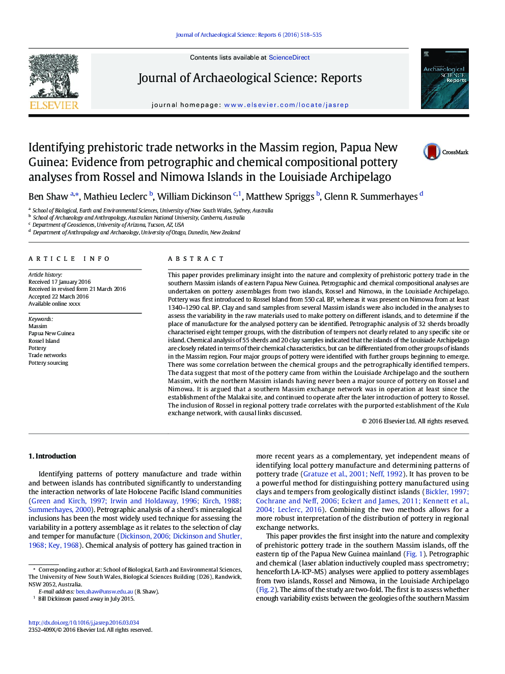 Identifying prehistoric trade networks in the Massim region, Papua New Guinea: Evidence from petrographic and chemical compositional pottery analyses from Rossel and Nimowa Islands in the Louisiade Archipelago