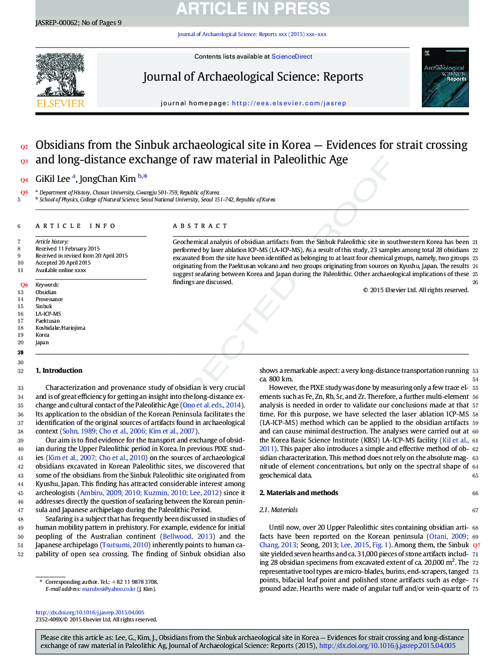 Obsidians from the Sinbuk archaeological site in Korea - Evidences for strait crossing and long-distance exchange of raw material in Paleolithic Age