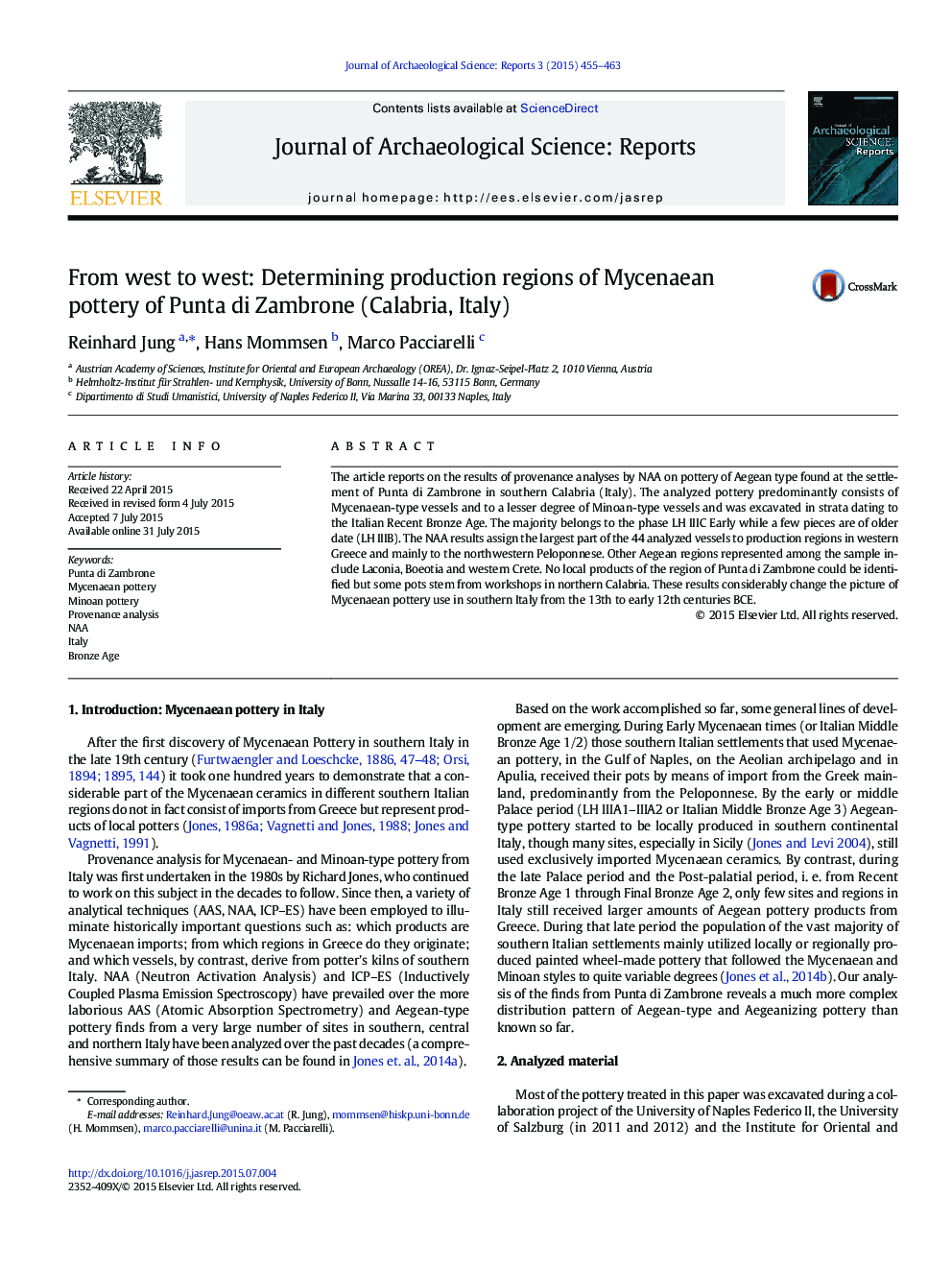 From west to west: Determining production regions of Mycenaean pottery of Punta di Zambrone (Calabria, Italy)