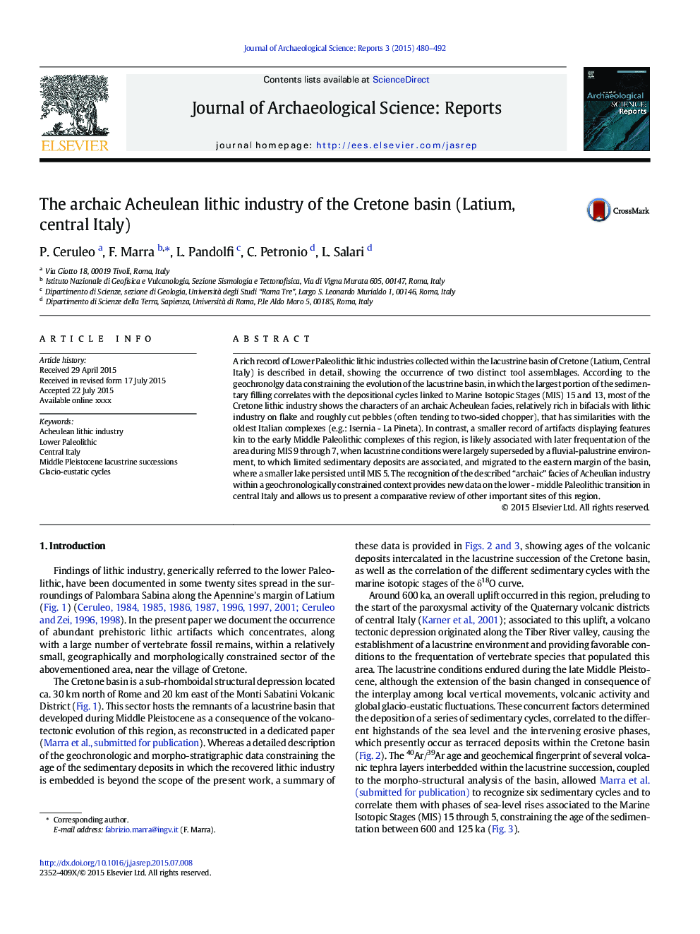 The archaic Acheulean lithic industry of the Cretone basin (Latium, central Italy)