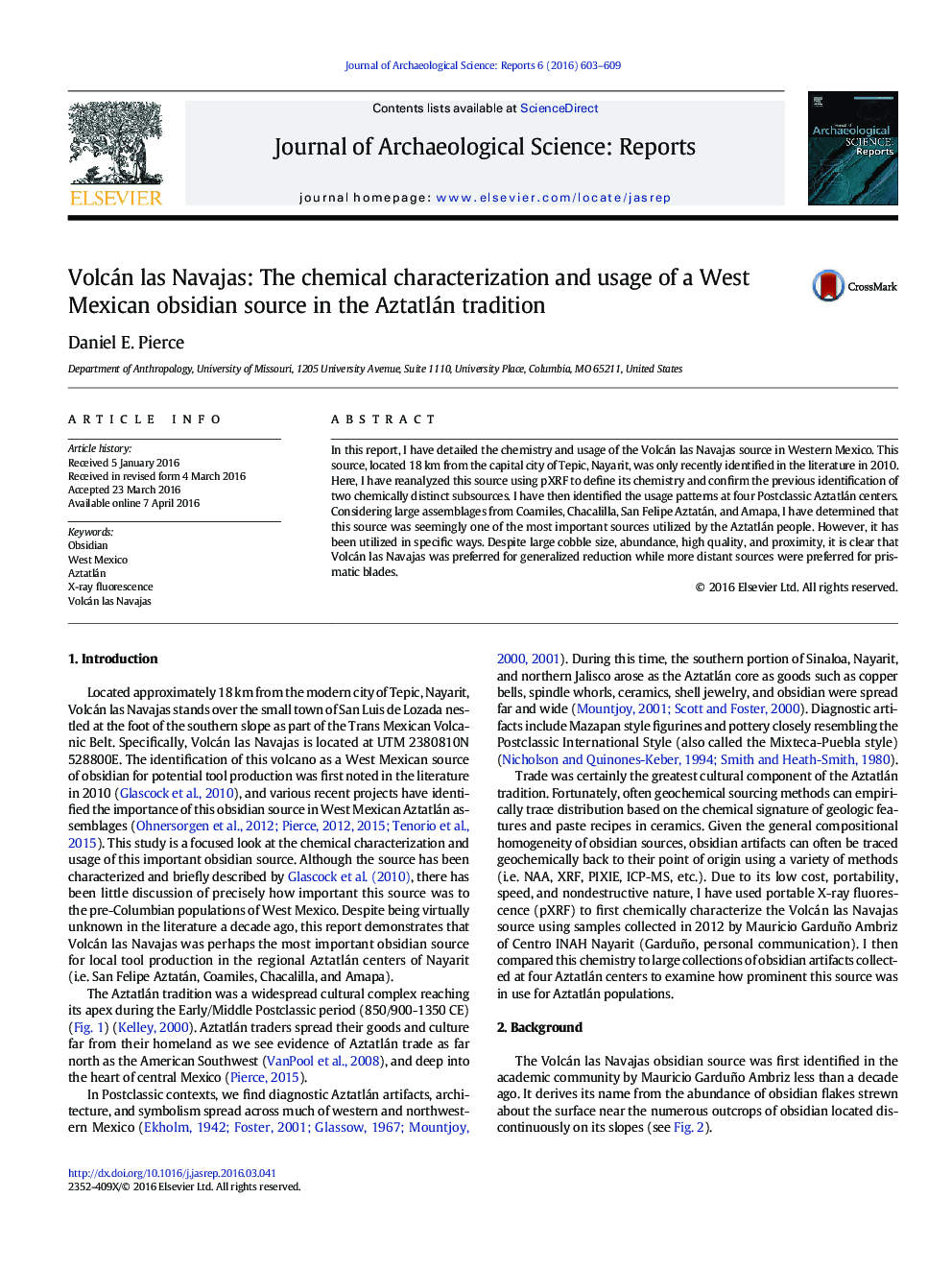 Volcán las Navajas: The chemical characterization and usage of a West Mexican obsidian source in the Aztatlán tradition