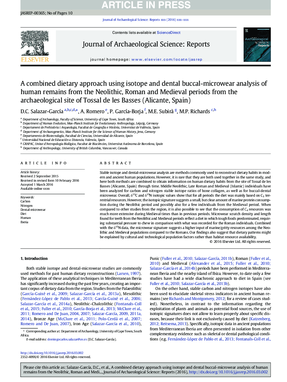 A combined dietary approach using isotope and dental buccal-microwear analysis of human remains from the Neolithic, Roman and Medieval periods from the archaeological site of Tossal de les Basses (Alicante, Spain)