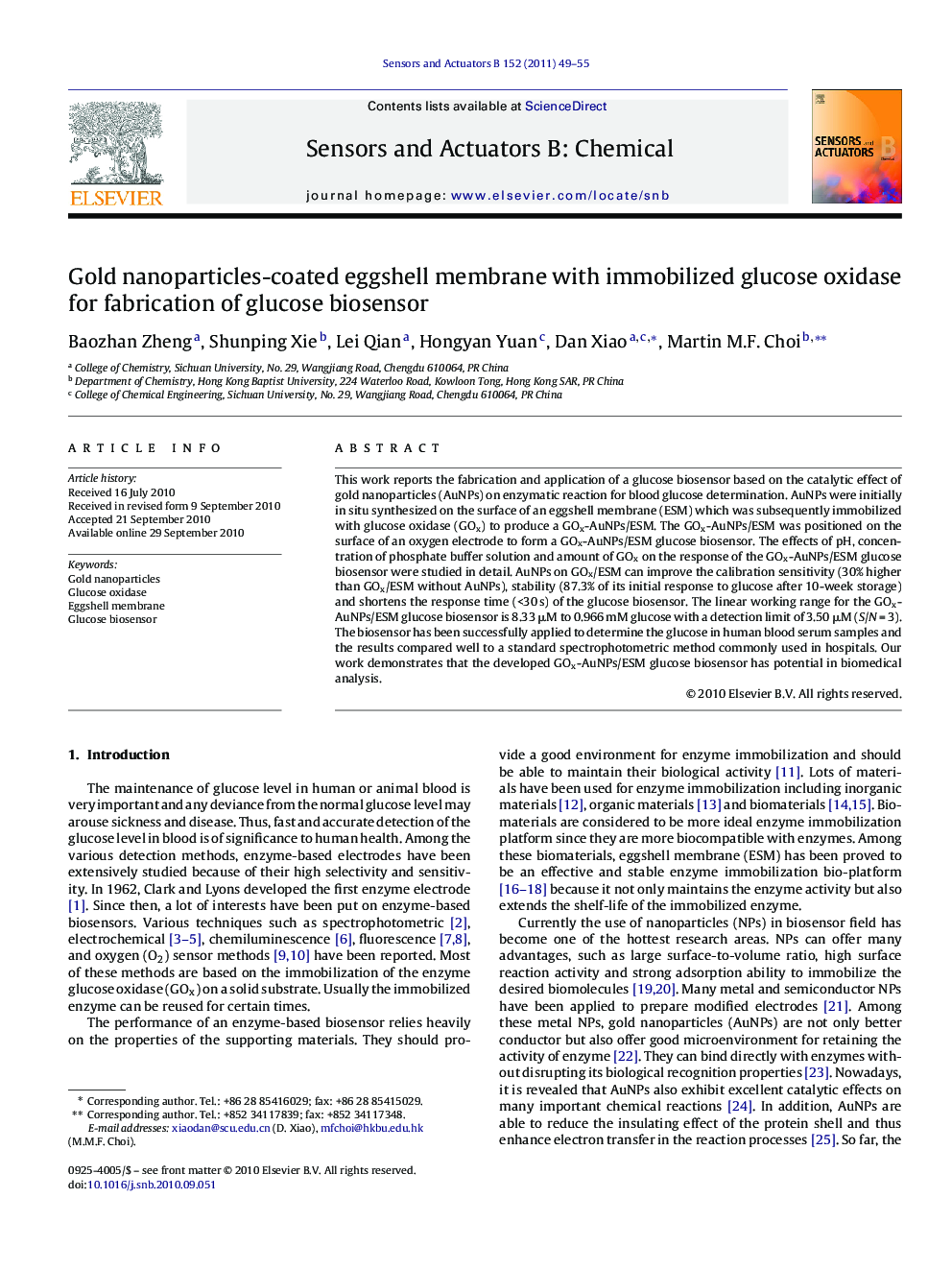 Gold nanoparticles-coated eggshell membrane with immobilized glucose oxidase for fabrication of glucose biosensor