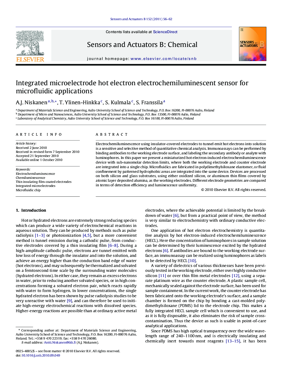 Integrated microelectrode hot electron electrochemiluminescent sensor for microfluidic applications