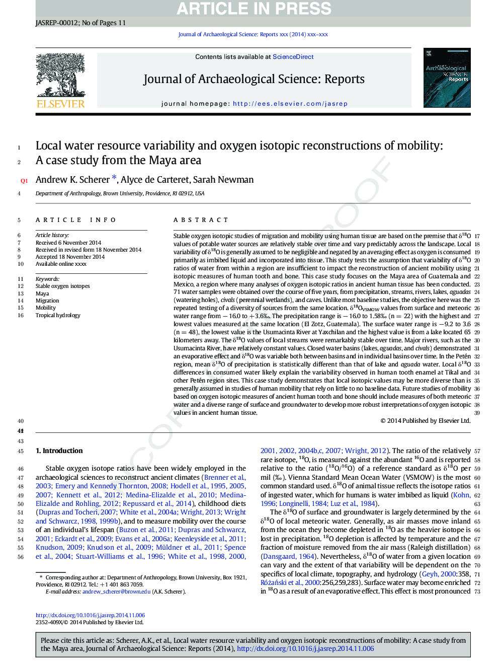 Local water resource variability and oxygen isotopic reconstructions of mobility: A case study from the Maya area