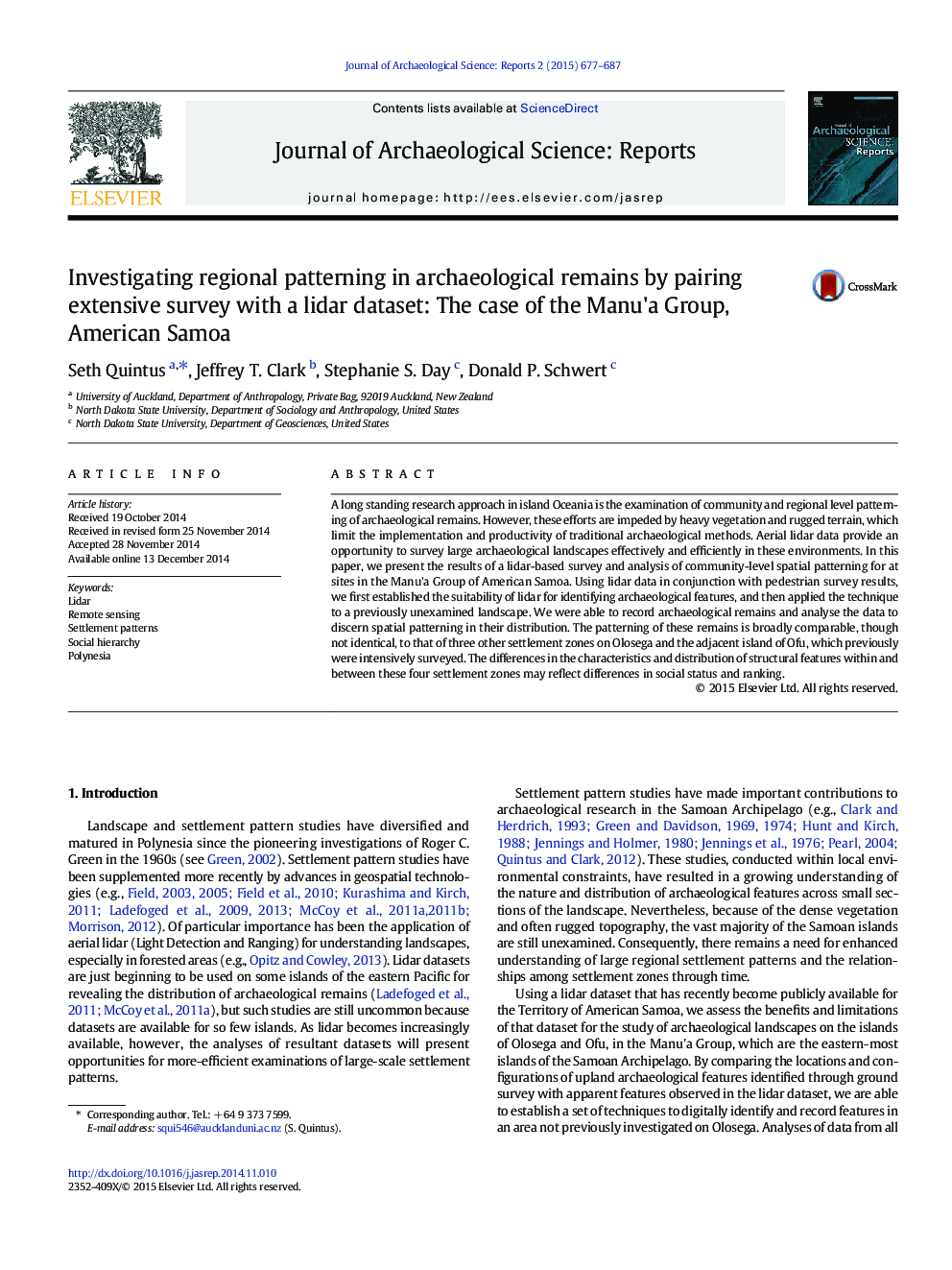Investigating regional patterning in archaeological remains by pairing extensive survey with a lidar dataset: The case of the Manu'a Group, American Samoa