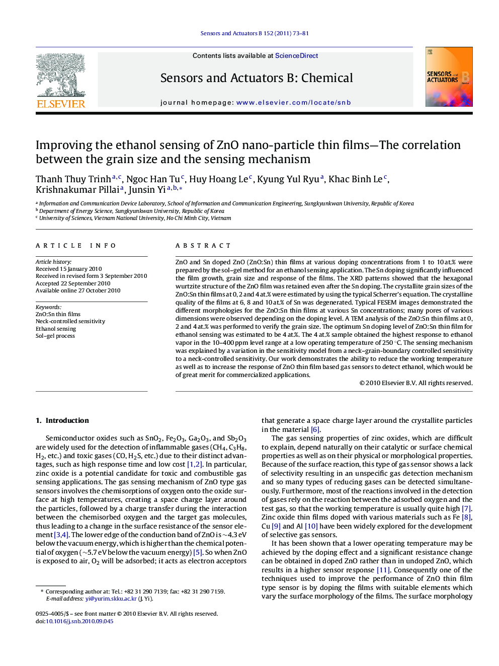 Improving the ethanol sensing of ZnO nano-particle thin films—The correlation between the grain size and the sensing mechanism