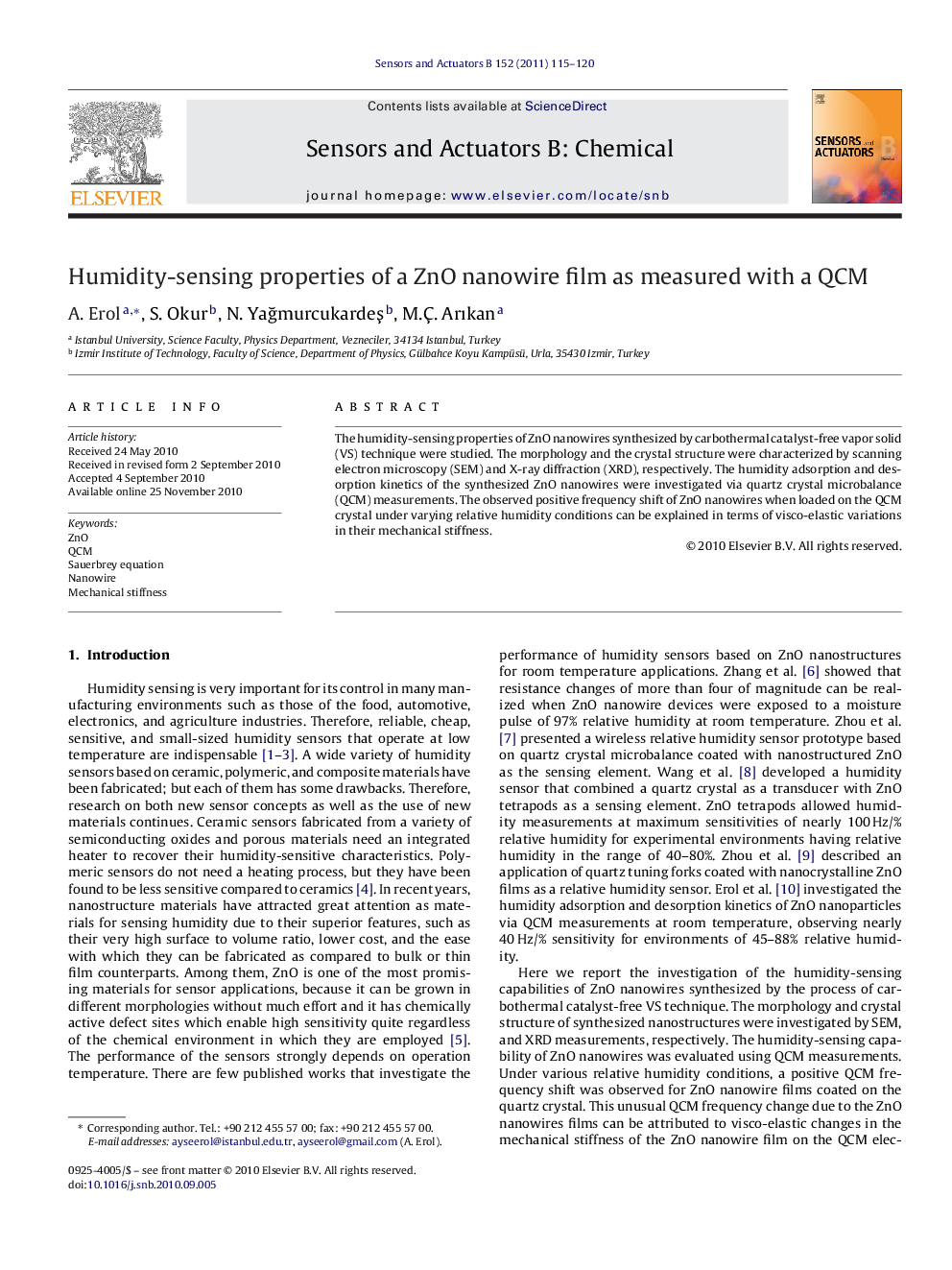 عکس صفحه اول مقاله: Humidity-sensing properties of a ZnO nanowire film as measured with a QCM Humidity-sensing properties of a ZnO nanowire film as measured with a QCM