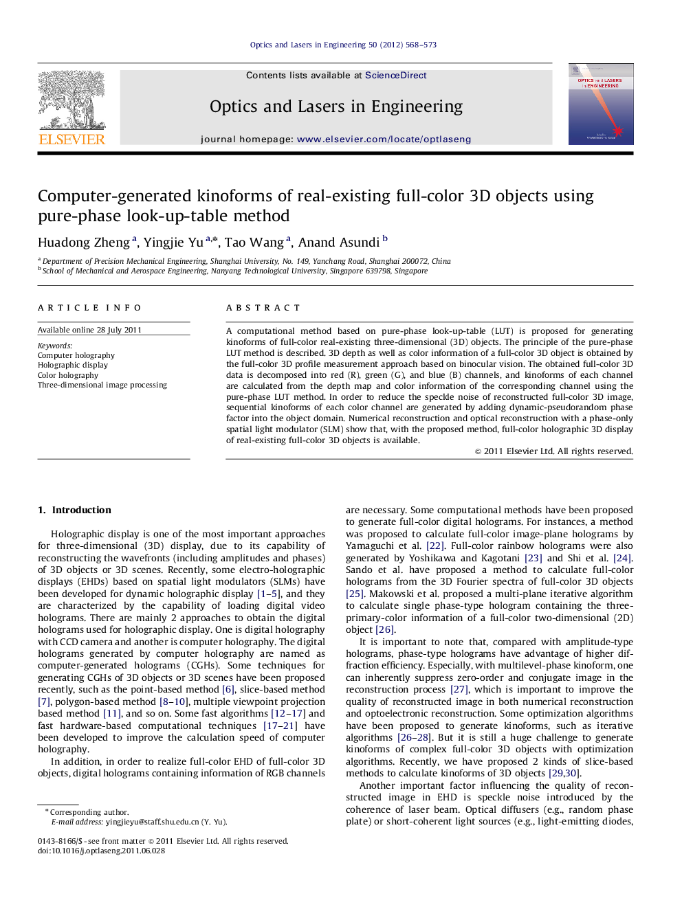 Computer-generated kinoforms of real-existing full-color 3D objects using pure-phase look-up-table method