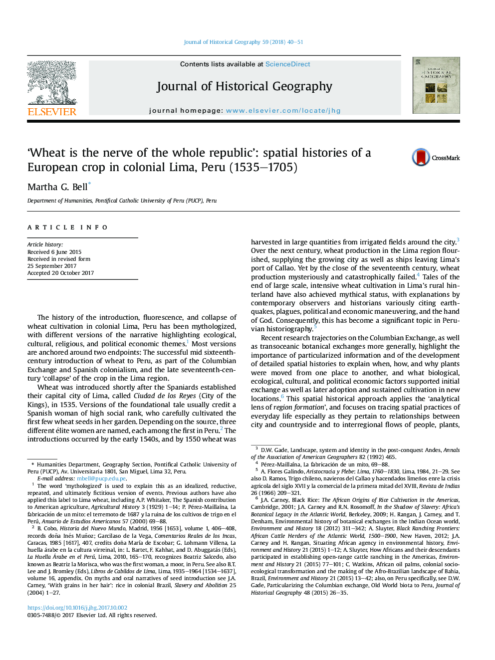 'گندم عصب کل جمهوری است': تاریخچه فضایی محصول اروپایی در استعمار لیما، پرو، 1535-1705 