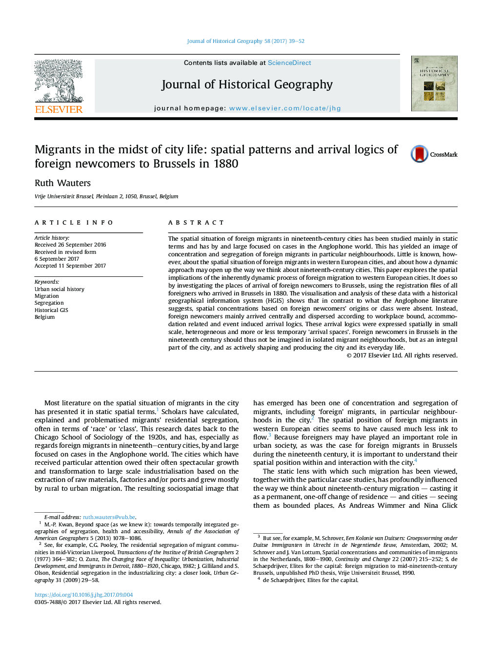 Migrants in the midst of city life: spatial patterns and arrival logics of foreign newcomers to Brussels in 1880