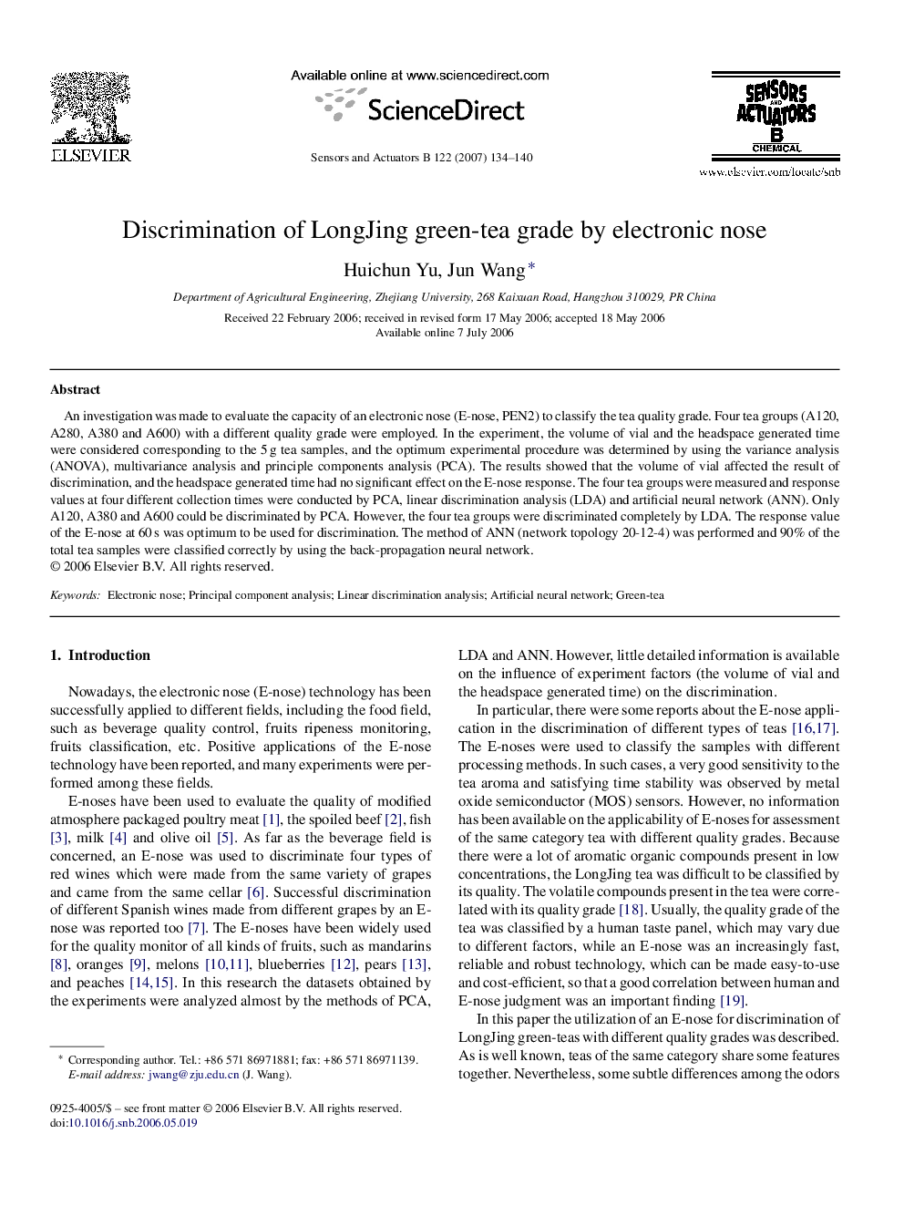 Discrimination of LongJing green-tea grade by electronic nose