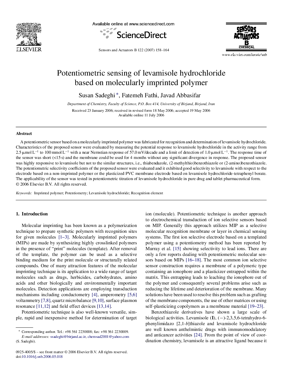 Potentiometric sensing of levamisole hydrochloride based on molecularly imprinted polymer