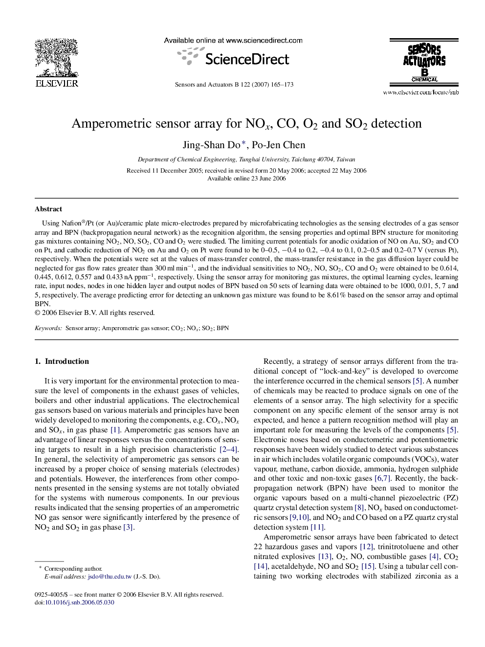 Amperometric sensor array for NOx, CO, O2 and SO2 detection