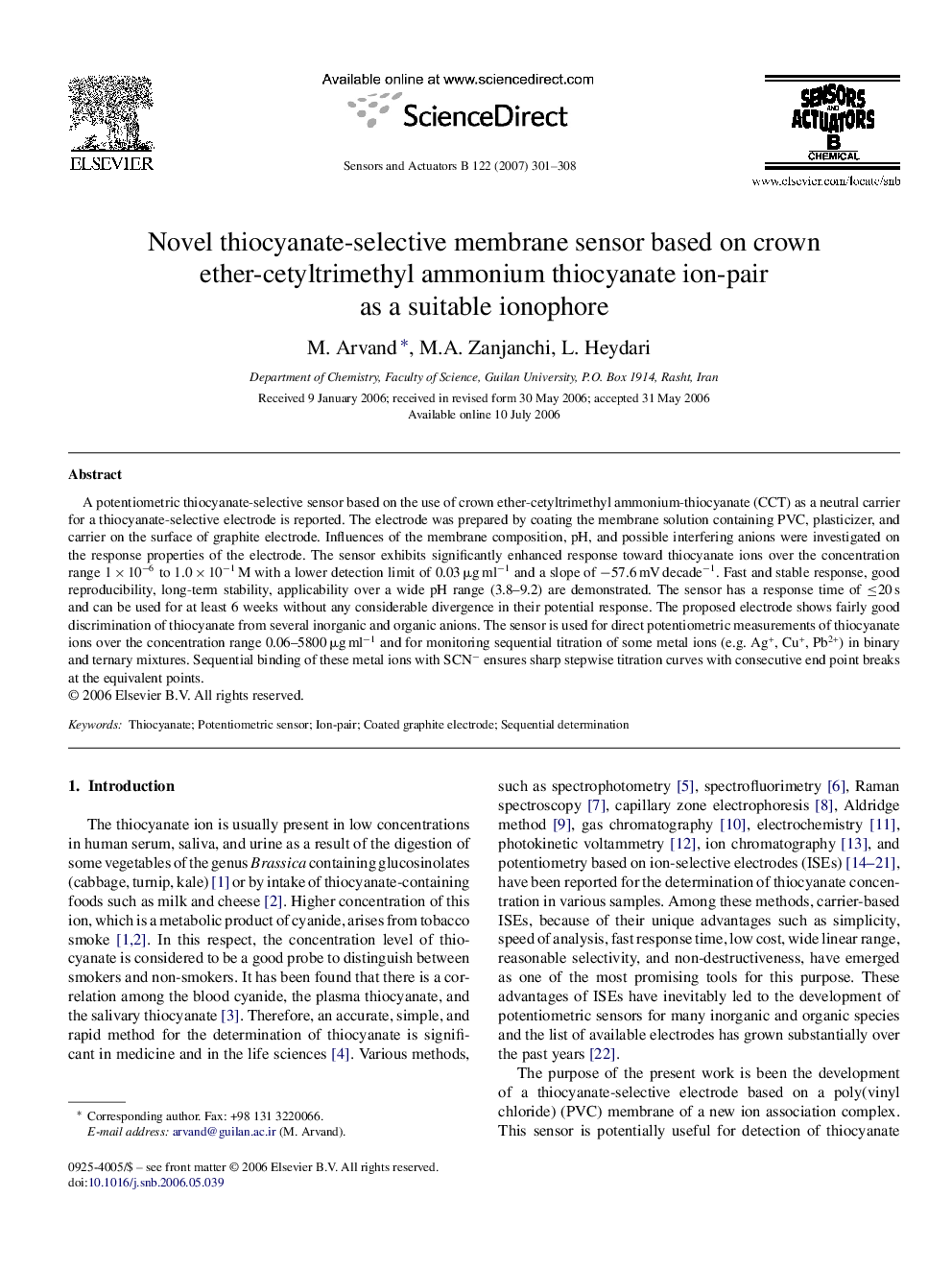 Novel thiocyanate-selective membrane sensor based on crown ether-cetyltrimethyl ammonium thiocyanate ion-pair as a suitable ionophore