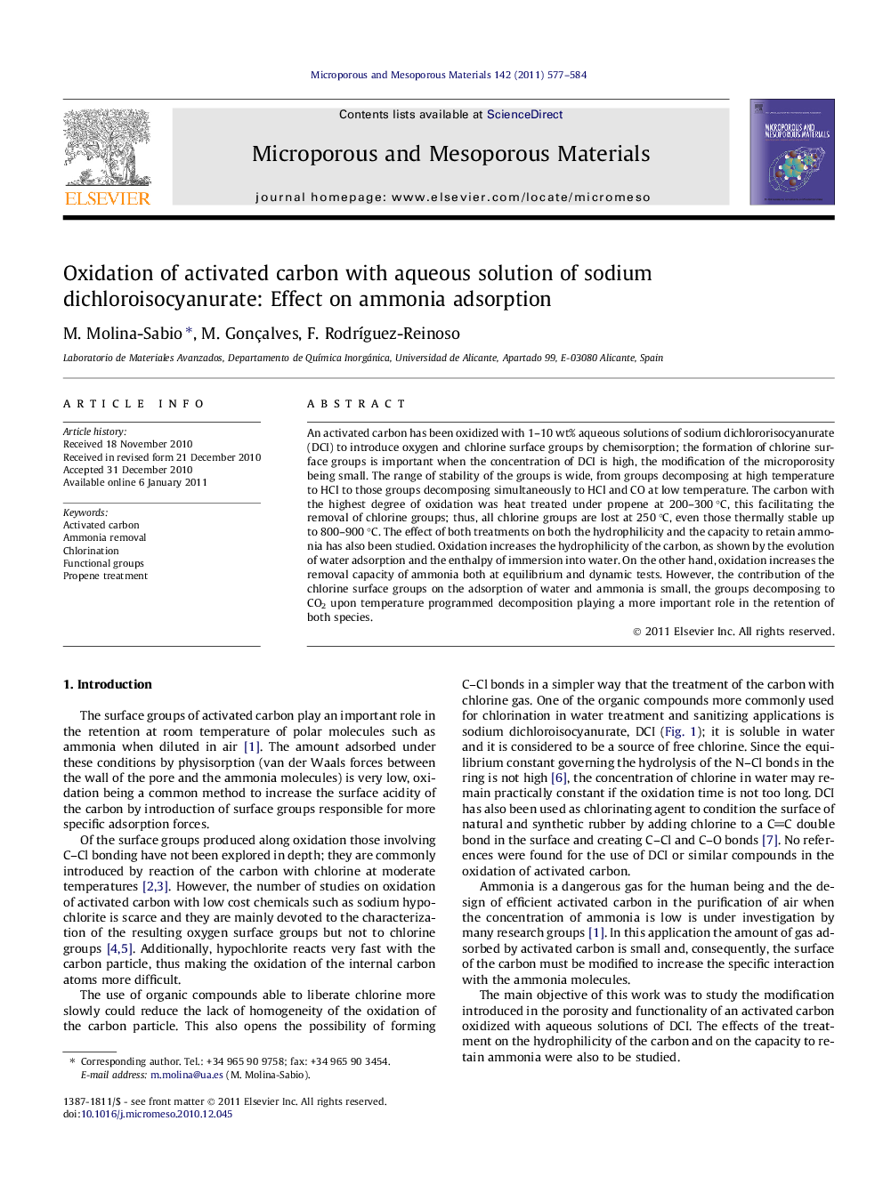 Oxidation of activated carbon with aqueous solution of sodium dichloroisocyanurate: Effect on ammonia adsorption