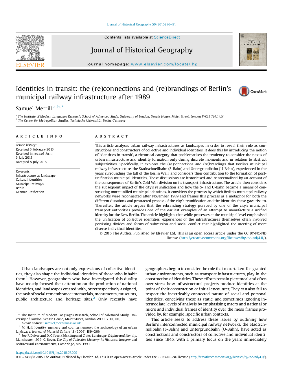 Identities in transit: the (re)connections and (re)brandings of Berlin's municipal railway infrastructure after 1989